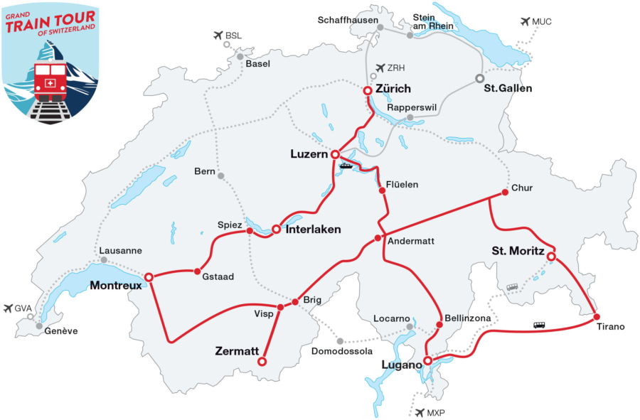 Map: Grand Train Tour of Switzerland – Classic Tour