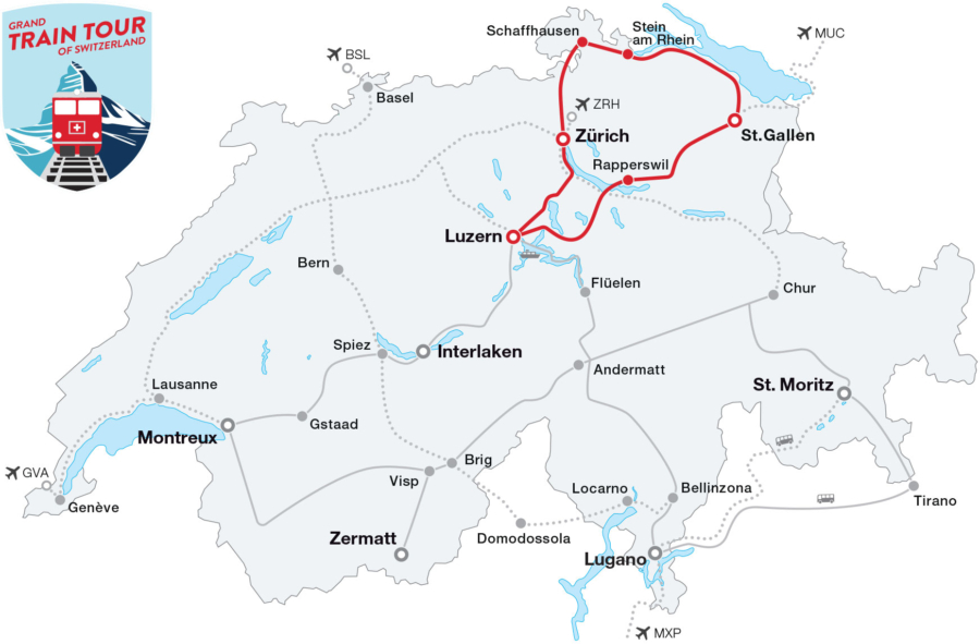 Map: Grand Train Tour of Switzerland – Stunning Waters Tour