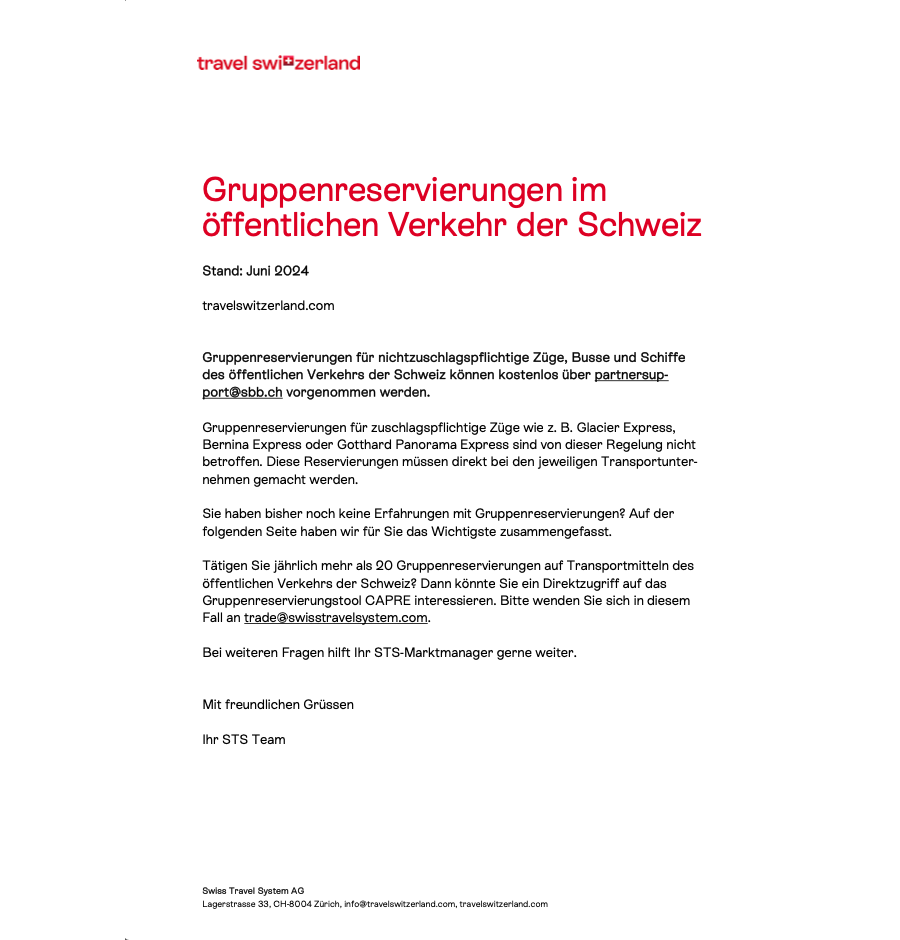 Faktenblatt: Gruppenreservierungen