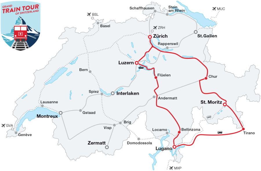 Map: Grand Train Tour of Switzerland – Glaciers & Palm Trees Tour