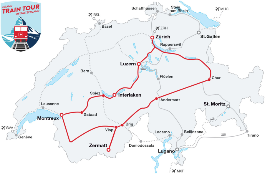 Map: Grand Train Tour of Switzerland – Top Attractions Tour